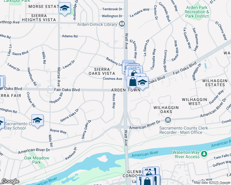 map of restaurants, bars, coffee shops, grocery stores, and more near 460 Ross Way in Sacramento