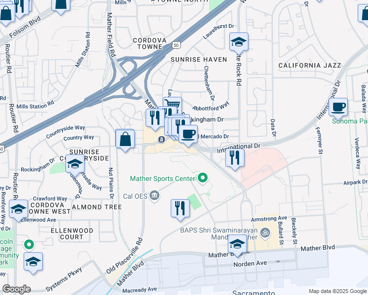 map of restaurants, bars, coffee shops, grocery stores, and more near 3346 Mather Field Road in Sacramento