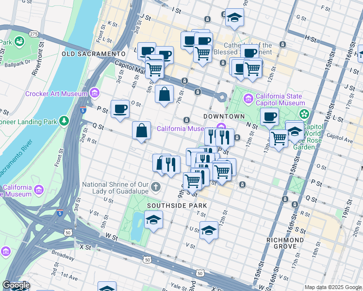 map of restaurants, bars, coffee shops, grocery stores, and more near 1600 9th Street in Sacramento