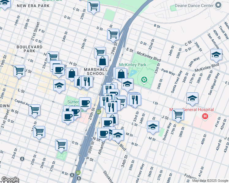 map of restaurants, bars, coffee shops, grocery stores, and more near 3014 I Street in Sacramento