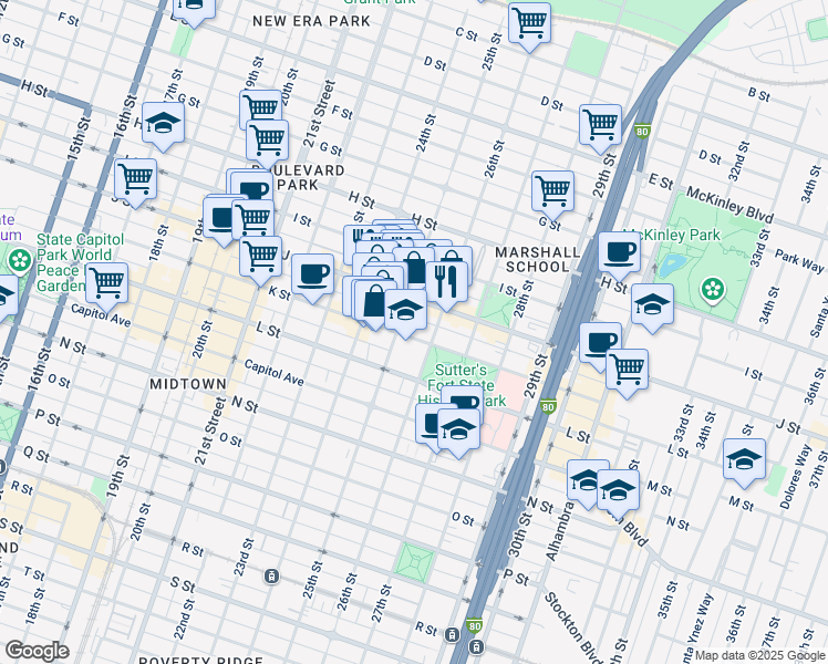 map of restaurants, bars, coffee shops, grocery stores, and more near 2525 K Street in Sacramento