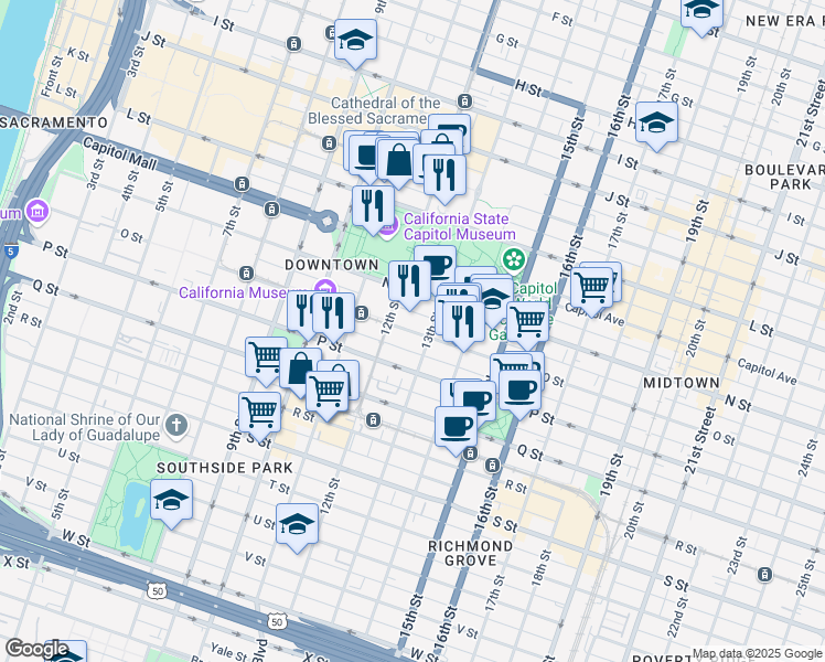 map of restaurants, bars, coffee shops, grocery stores, and more near 1227 O Street in Sacramento