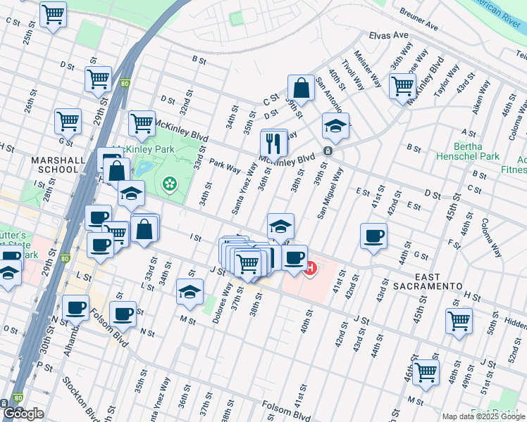 map of restaurants, bars, coffee shops, grocery stores, and more near 625 37th Street in Sacramento