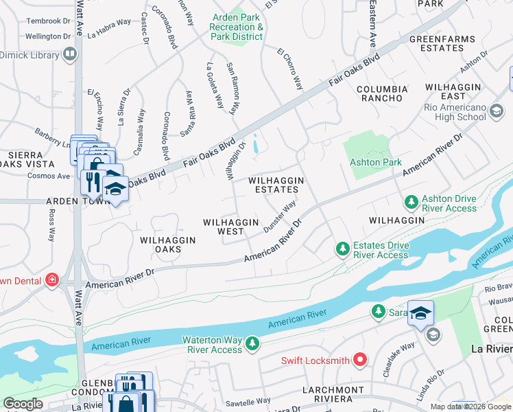 map of restaurants, bars, coffee shops, grocery stores, and more near 514 Sydling Court in Sacramento