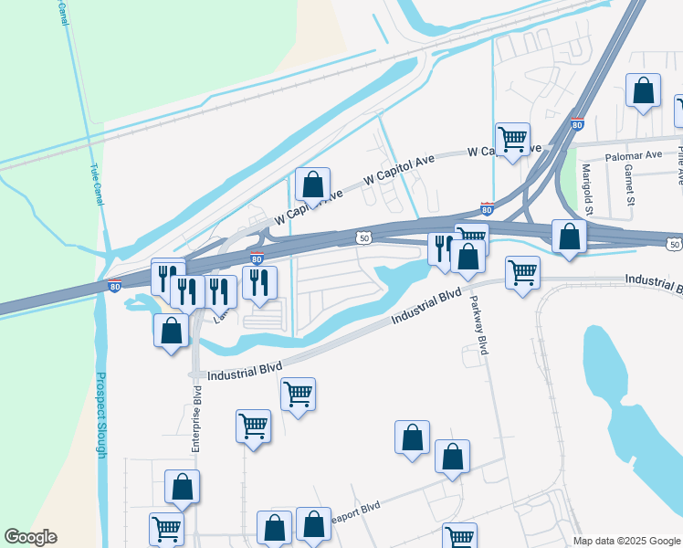 map of restaurants, bars, coffee shops, grocery stores, and more near 3901 Lake Road in West Sacramento