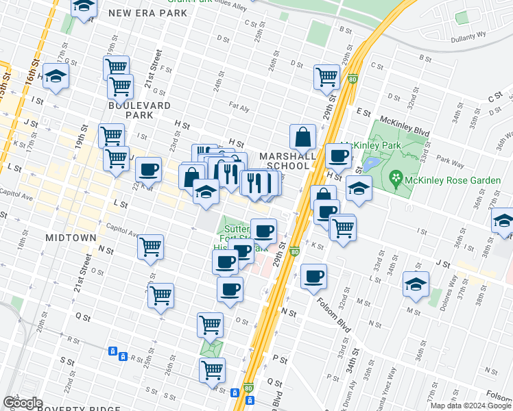 map of restaurants, bars, coffee shops, grocery stores, and more near 2708 J Street in Sacramento