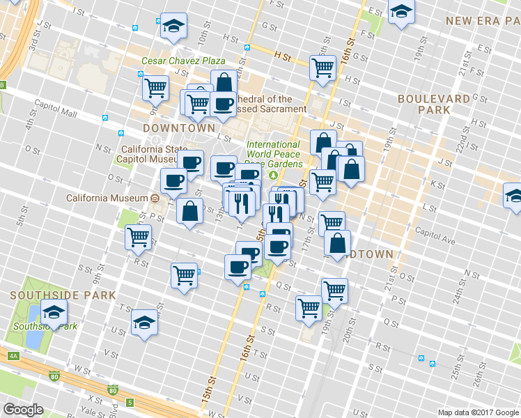 map of restaurants, bars, coffee shops, grocery stores, and more near 1430 N Street in Sacramento