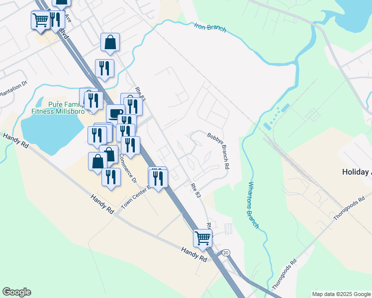 map of restaurants, bars, coffee shops, grocery stores, and more near 100 Alexandreas Court in Millsboro