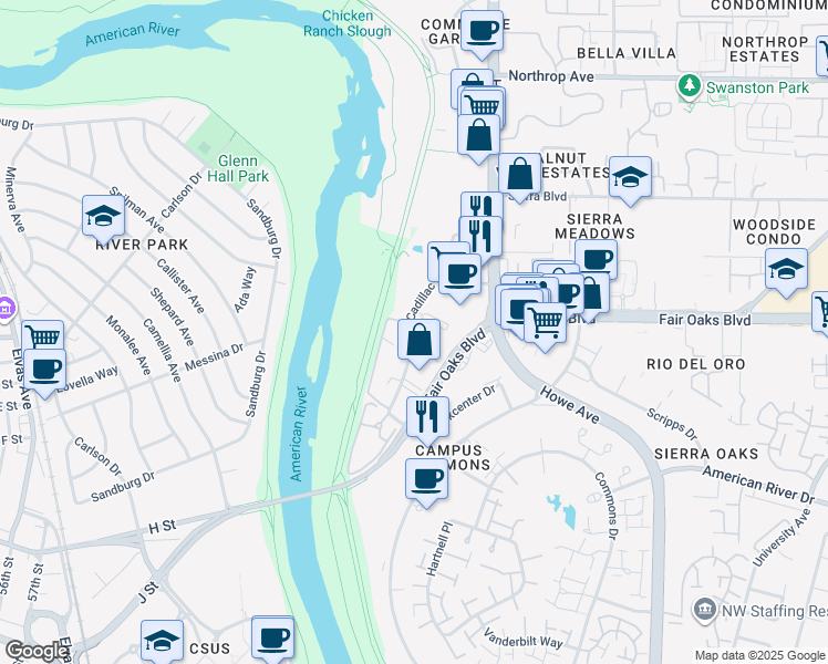 map of restaurants, bars, coffee shops, grocery stores, and more near 106 Cadillac Drive in Sacramento