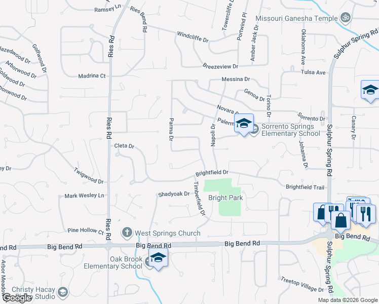 map of restaurants, bars, coffee shops, grocery stores, and more near 348 Parma Drive in Ballwin