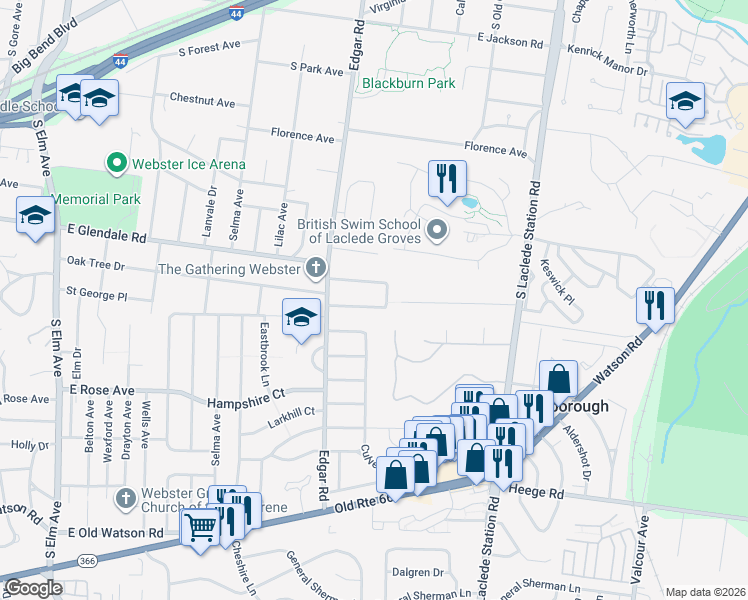 map of restaurants, bars, coffee shops, grocery stores, and more near 15 Villawood Lane in Webster Groves