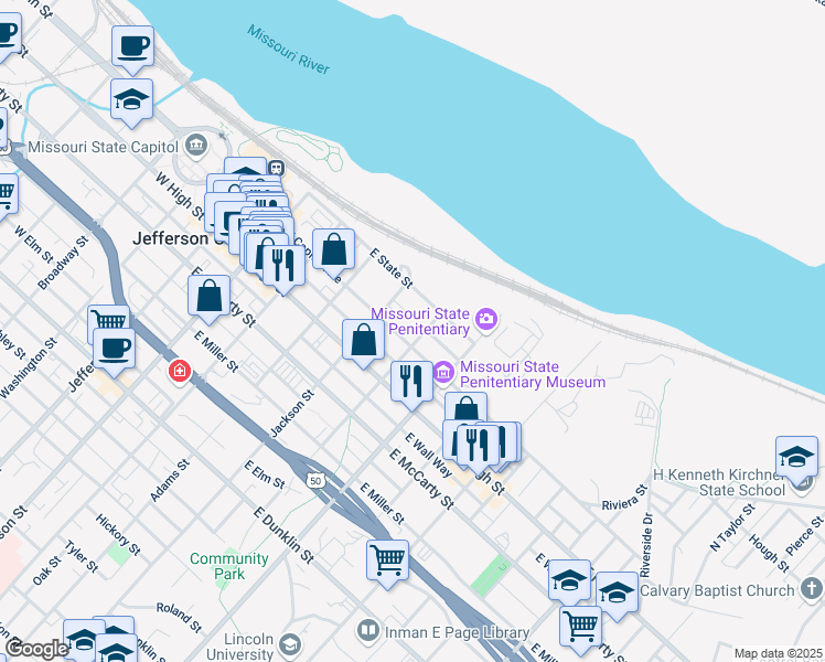 map of restaurants, bars, coffee shops, grocery stores, and more near 126 Marshall Street in Jefferson City