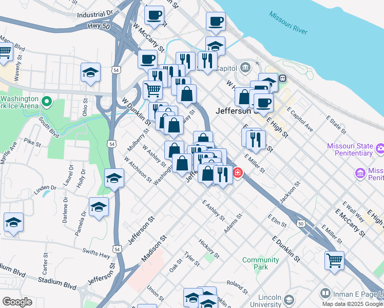map of restaurants, bars, coffee shops, grocery stores, and more near 126 West Dunklin Street in Jefferson City