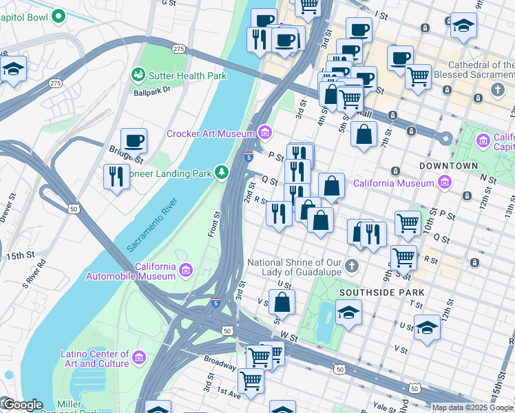 map of restaurants, bars, coffee shops, grocery stores, and more near 1800 3rd Street in Sacramento