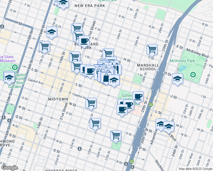 map of restaurants, bars, coffee shops, grocery stores, and more near 2416 K Street in Sacramento
