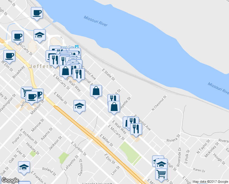 map of restaurants, bars, coffee shops, grocery stores, and more near 126 Marshall Street in Jefferson City