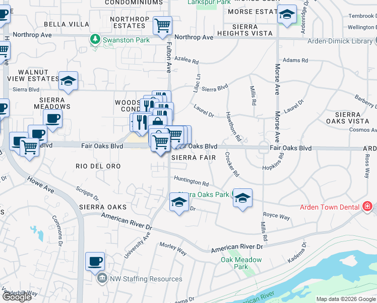 map of restaurants, bars, coffee shops, grocery stores, and more near 444 Sierra Lane in Sacramento