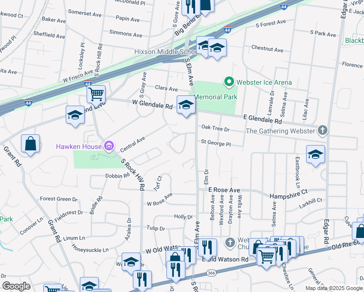 map of restaurants, bars, coffee shops, grocery stores, and more near 59 Webster Acres in Webster Groves