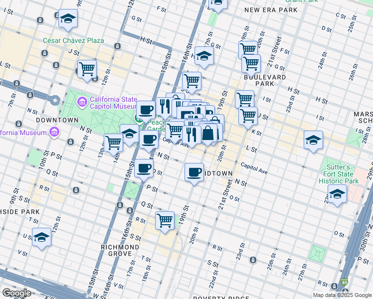 map of restaurants, bars, coffee shops, grocery stores, and more near 1714 Capitol Avenue in Sacramento