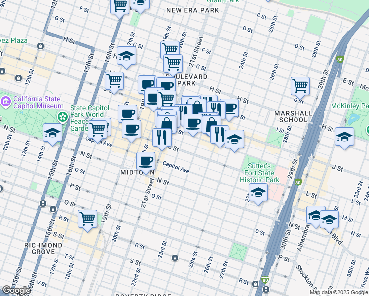 map of restaurants, bars, coffee shops, grocery stores, and more near 2211 L Street in Sacramento