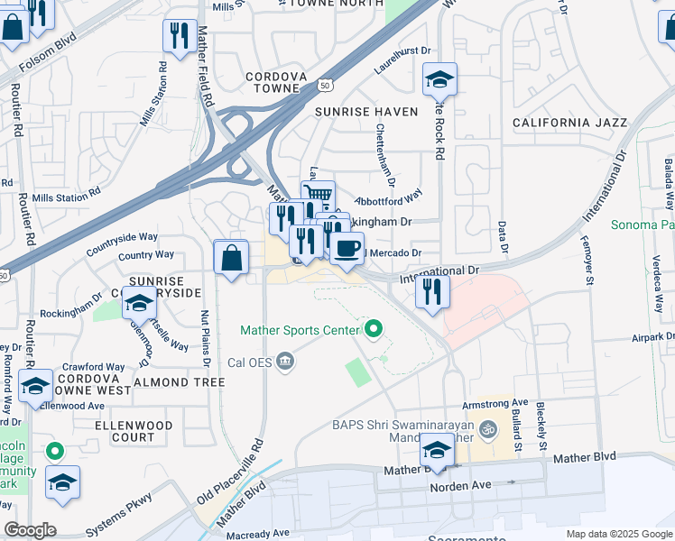 map of restaurants, bars, coffee shops, grocery stores, and more near 3346 Mather Field Road in Sacramento