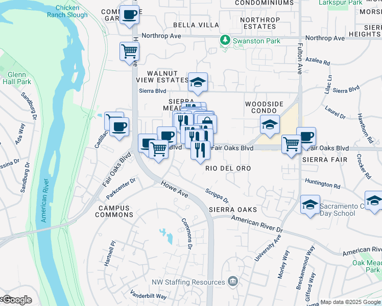 map of restaurants, bars, coffee shops, grocery stores, and more near 2310 Fair Oaks Boulevard in Sacramento