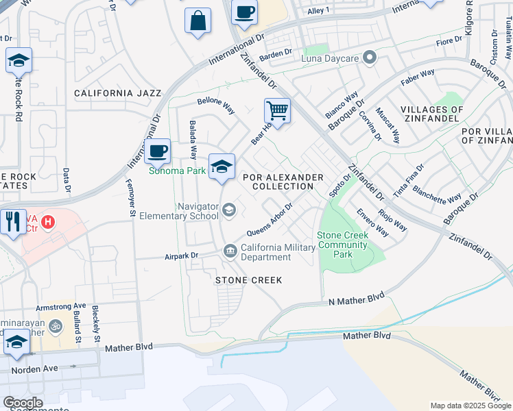map of restaurants, bars, coffee shops, grocery stores, and more near 3536 Husch Way in Gold River