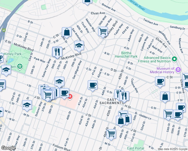 map of restaurants, bars, coffee shops, grocery stores, and more near 537 41st Street in Sacramento