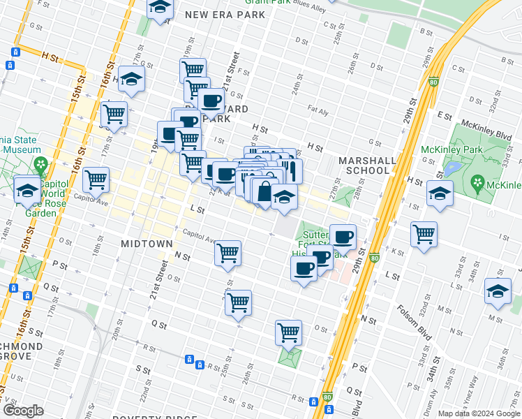 map of restaurants, bars, coffee shops, grocery stores, and more near 2416 K Street in Sacramento