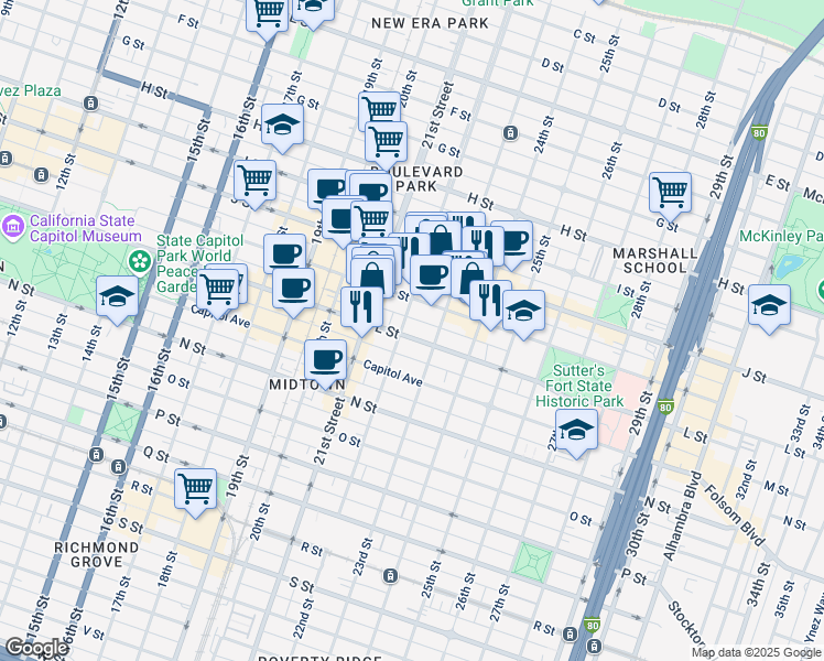 map of restaurants, bars, coffee shops, grocery stores, and more near 2211 L Street in Sacramento