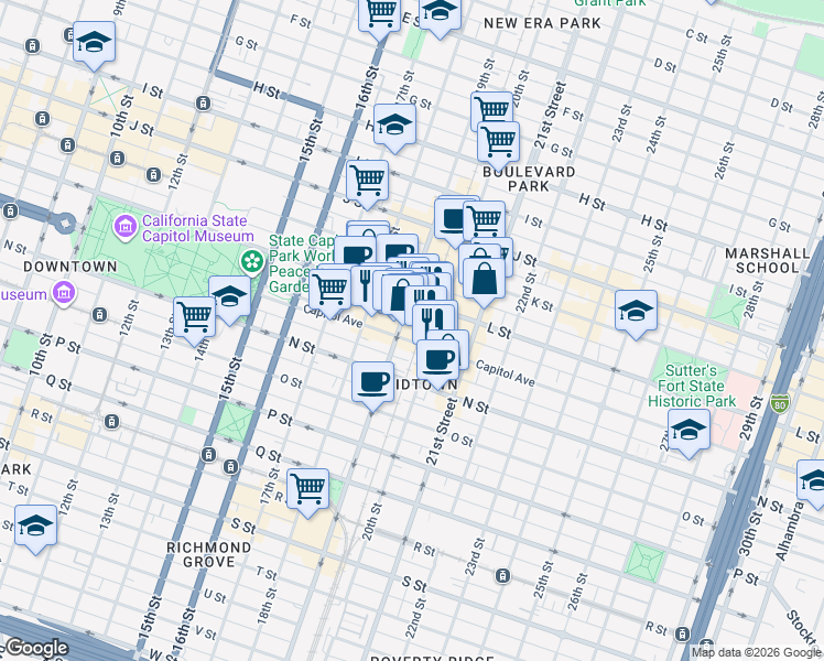 map of restaurants, bars, coffee shops, grocery stores, and more near 1928 L Street in Sacramento