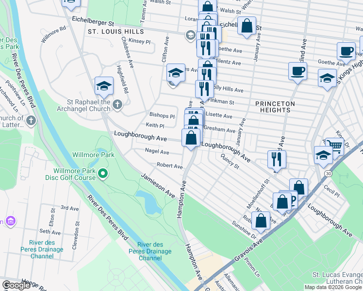 map of restaurants, bars, coffee shops, grocery stores, and more near 6902 Southland Avenue in St. Louis