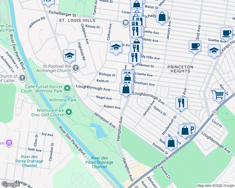 map of restaurants, bars, coffee shops, grocery stores, and more near 5926 Loughborough Avenue in St. Louis