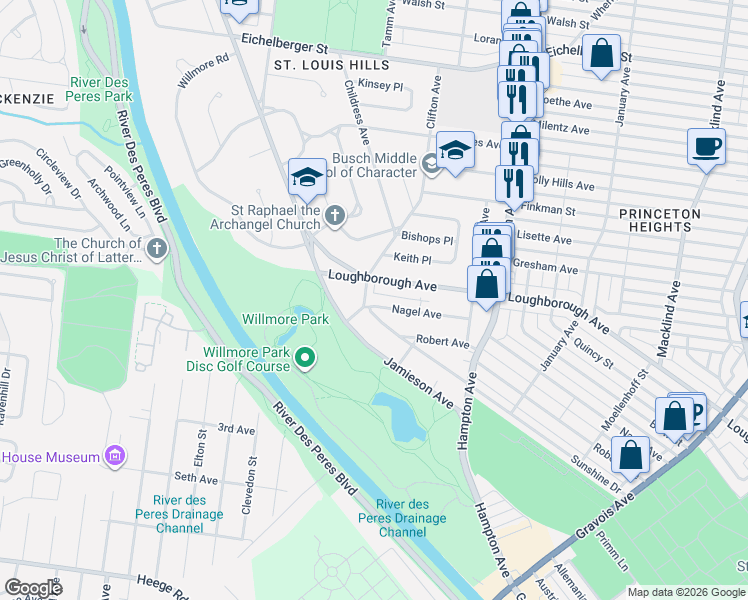 map of restaurants, bars, coffee shops, grocery stores, and more near 6255-6257 Nagel Avenue in St. Louis