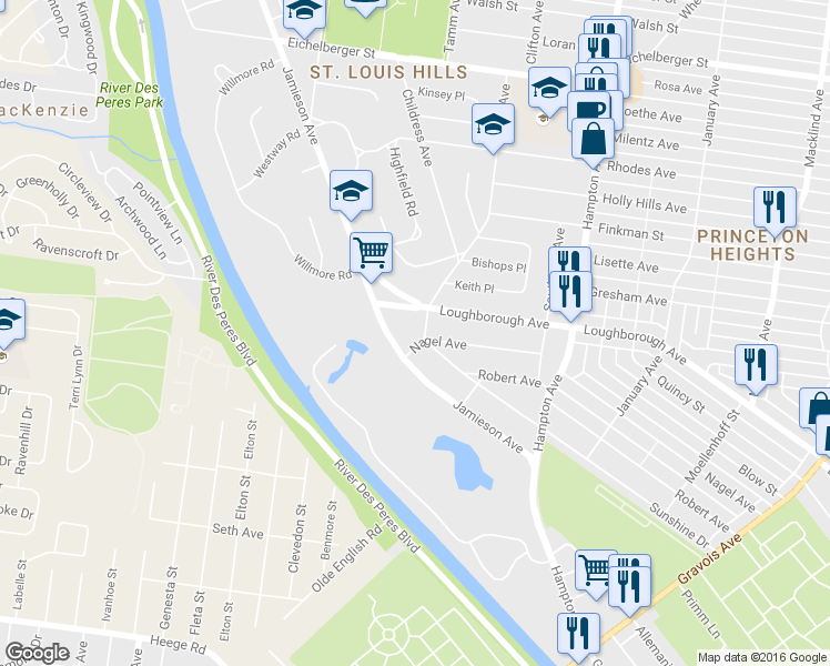 map of restaurants, bars, coffee shops, grocery stores, and more near 6926 Jamieson Avenue in St. Louis