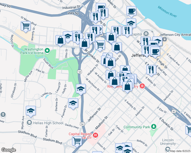 map of restaurants, bars, coffee shops, grocery stores, and more near 300 West Ashley Street in Jefferson City