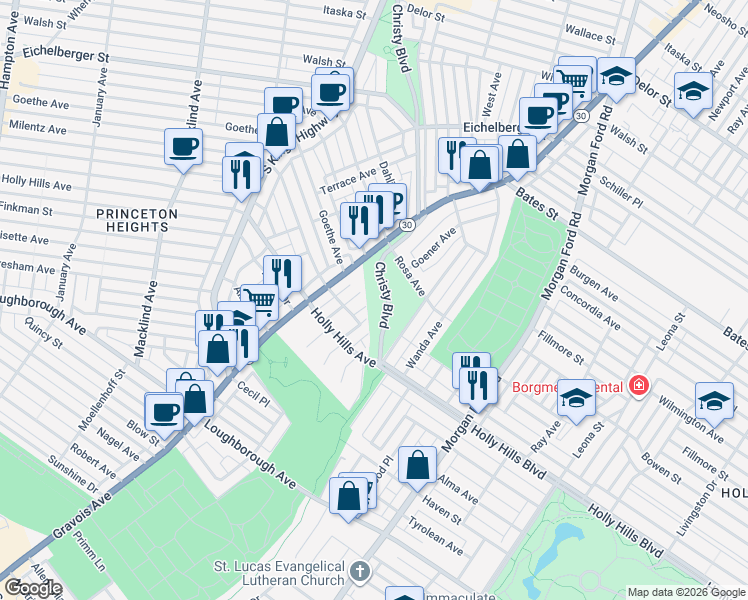 map of restaurants, bars, coffee shops, grocery stores, and more near 6243 Christy Boulevard in St. Louis