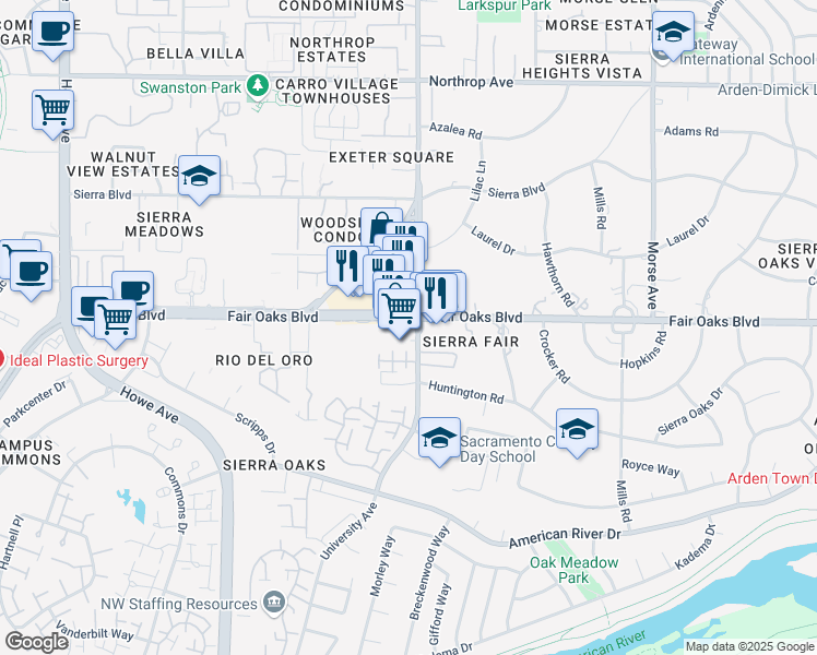 map of restaurants, bars, coffee shops, grocery stores, and more near 2580 Fair Oaks Boulevard in Sacramento