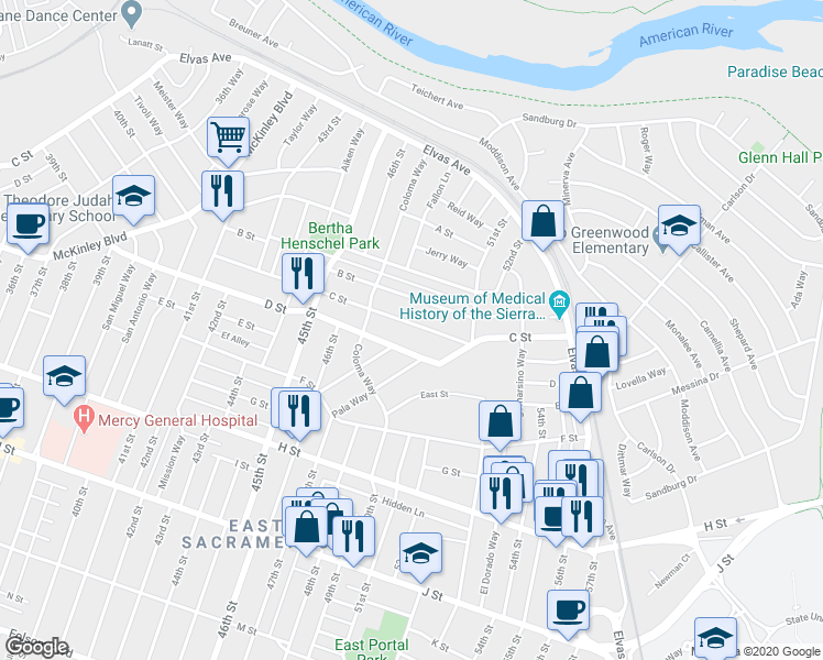 map of restaurants, bars, coffee shops, grocery stores, and more near 4830 C Street in Sacramento