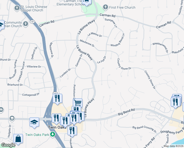 map of restaurants, bars, coffee shops, grocery stores, and more near 855 La Bonne Parkway in Ballwin
