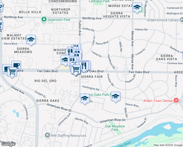 map of restaurants, bars, coffee shops, grocery stores, and more near 444 Sierra Lane in Sacramento