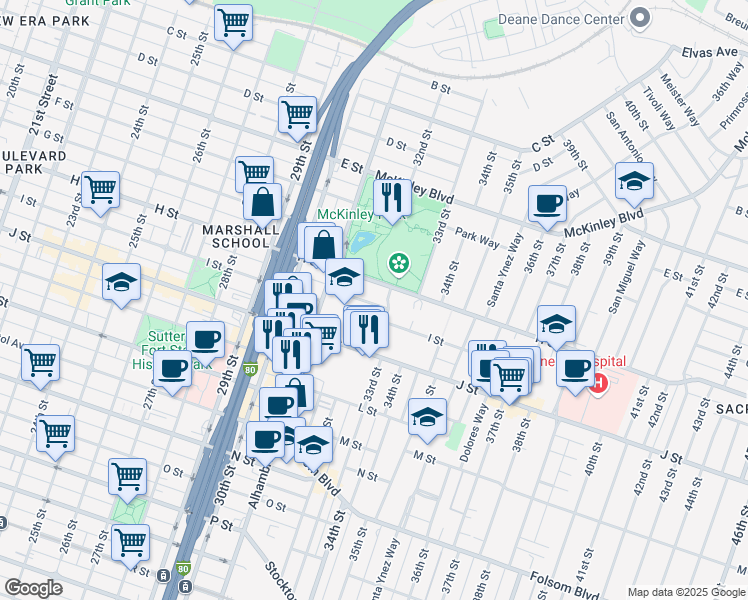 map of restaurants, bars, coffee shops, grocery stores, and more near 3225 I St in Sacramento