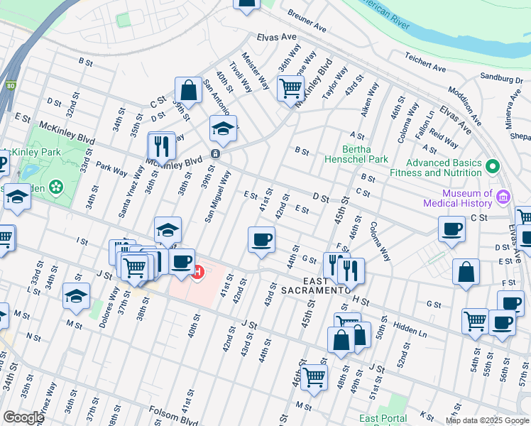 map of restaurants, bars, coffee shops, grocery stores, and more near 537 41st Street in Sacramento