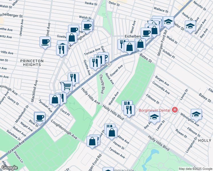 map of restaurants, bars, coffee shops, grocery stores, and more near 6220 Christy Boulevard in St. Louis