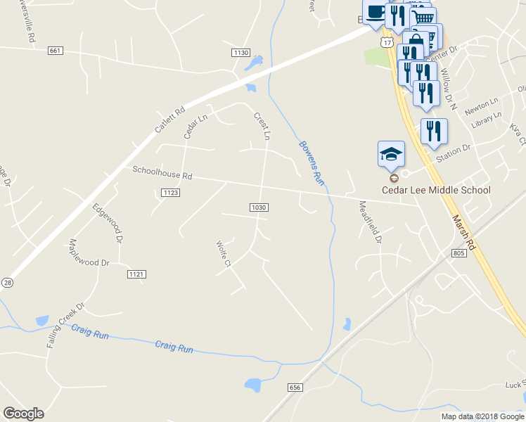 map of restaurants, bars, coffee shops, grocery stores, and more near 11215 Crest Lane in Bealeton