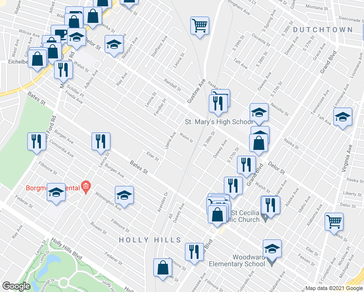 map of restaurants, bars, coffee shops, grocery stores, and more near 3844 Walsh Street in St. Louis