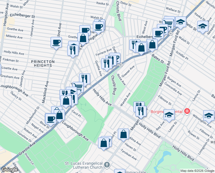 map of restaurants, bars, coffee shops, grocery stores, and more near 6243 Christy Boulevard in St. Louis