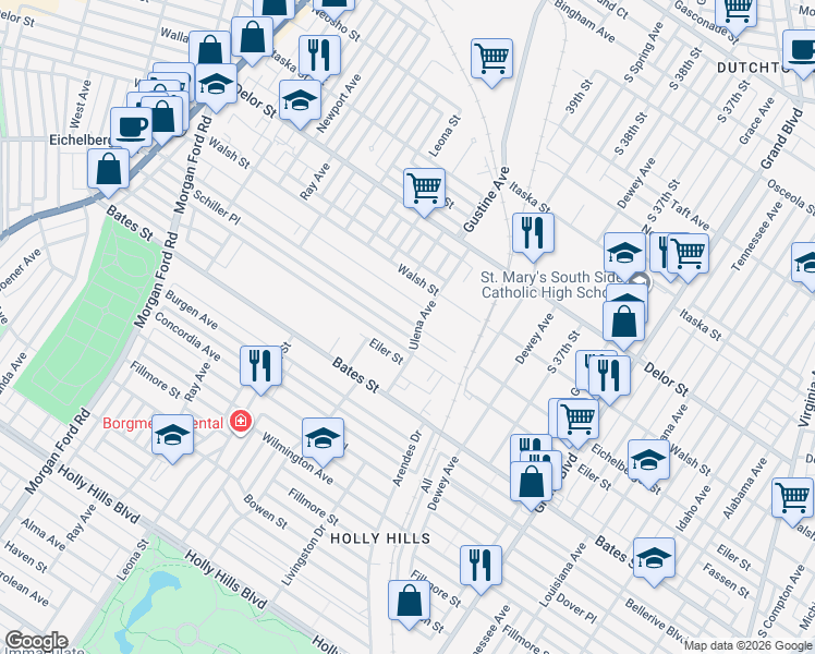 map of restaurants, bars, coffee shops, grocery stores, and more near 3913 Eichelberger Street in St. Louis