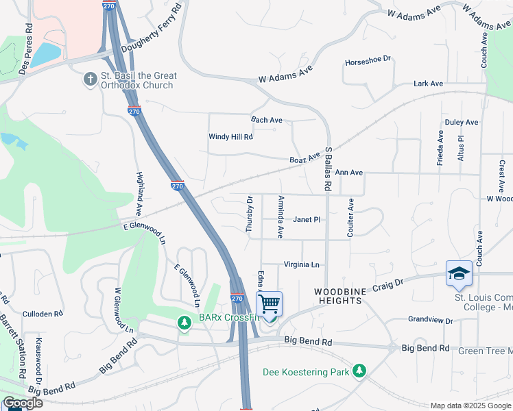 map of restaurants, bars, coffee shops, grocery stores, and more near 1926 Greenpoint Drive in Kirkwood