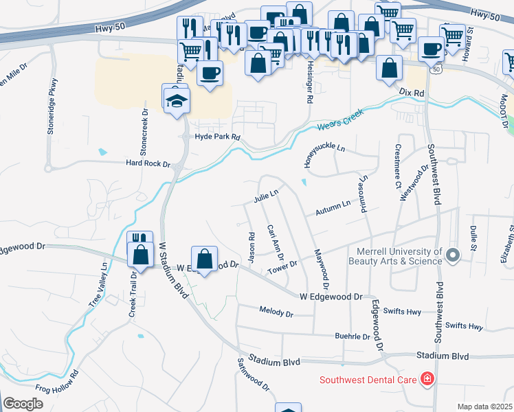 map of restaurants, bars, coffee shops, grocery stores, and more near 2201 Julie Lane in Jefferson City